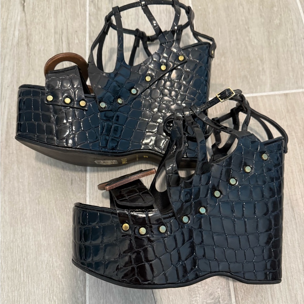 Pucci Black Croc Leather Musa 140 Platform Wedges - Size IT 37 / US 7